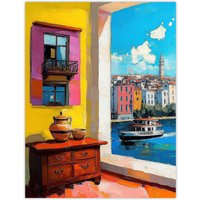 Artery8 Amalfi Coast Coastal City View Boat Italy Summer Wall Art Print | Size: W12" x H16"
