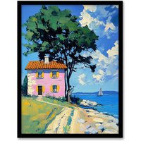 Artery8 Pink Village Cottage Coastal Greece Landscape Framed Art Print in Blue | Size: A4