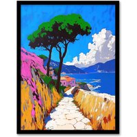 Artery8 Santorini Greece Coastal Path Colourful Landscape Framed Art Print in Blue | Size: A4