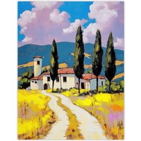 Artery8 Italian Countryside Villa Cypress Trees Landscape Wall Art Print | Size: W24" x H32"