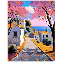 Artery8 French Coastal Village With Cherry Blossoms Trees Wall Art Print | Size: W12" x H16"