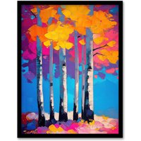 Artery8 Autumn Birch Trees Vibrant Abstract Painting Framed Art Print in Pink | Size: A4