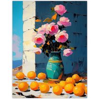 Artery8 Rose Flower Bouquet Vase & Oranges Still Life Wall Art Print in Pink | Size: W24" x H32"