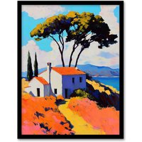 Artery8 Italian Seaside Villa in Spring Vibrant Painting Framed Art Print in Orange | Size: A4