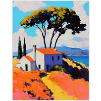 Artery8 Italian Seaside Villa in Spring Vibrant Painting Wall Art Print in Orange | Size: W12" x H16"