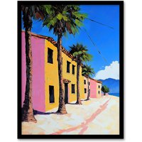 Artery8 Coastal Village Houses Palm Trees Spain Townscape Framed Art Print | Size: A4
