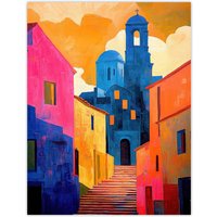 Artery8 Italian Church Cityscape Colourful Abstract Wall Art Print in Orange | Size: W18" x H24"