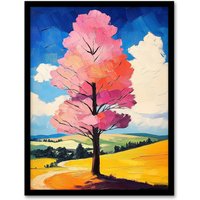 Artery8 Pink Tree in Countryside Field Landscape Painting Framed Art Print | Size: W12" x H16"