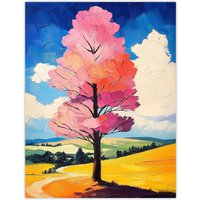 Artery8 Pink Tree in Countryside Field Landscape Painting Wall Art Print | Size: W12" x H16"