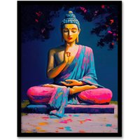 Artery8 Buddha Statue Pink Blue Buddhism Mindfulness Framed Art Print | Size: W12" x H16"