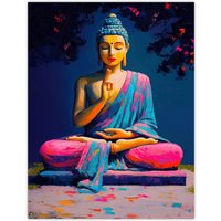 Artery8 Buddha Statue Pink Blue Buddhism Mindfulness Wall Art Print | Size: W12" x H16"