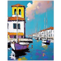 Artery8 Portofino Italy Harbour Sailboats Marina Painting Wall Art Print in Blue | Size: W18" x H24"