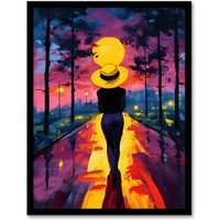 Artery8 Woman Walk Into Sunset Colourful Vibrant Painting Framed Art Print in Purple | Size: A4