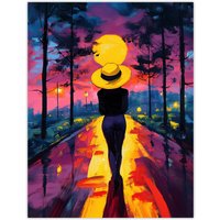 Artery8 Woman Walk Into Sunset Colourful Vibrant Painting Wall Art Print in Purple | Size: W18" x H24"