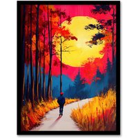 Artery8 Vibrant Sunset Sky Autumn Forest Walk Path Hike Framed Art Print in Orange | Size: W12" x H16"