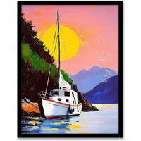 Artery8 Harbour Sunset Docked Sailboat Coastal Landscape Framed Art Print | Size: W12" x H16"