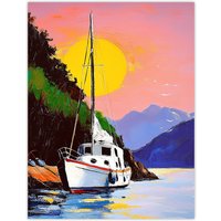 Artery8 Harbour Sunset Docked Sailboat Coastal Landscape Wall Art Print | Size: W18" x H24"