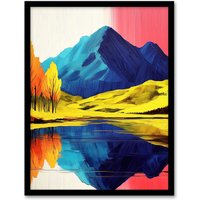 Artery8 Serene Mountain Lake Pink Sky Autumn Landscape Framed Art Print | Size: W12" x H16"