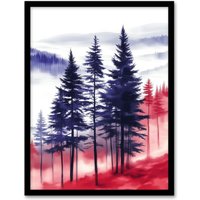 Artery8 Misty Pine Tree Forest Blue Red Landscape Framed Art Print | Size: W12" x H16"