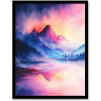 Artery8 Misty Mountain Forest Lake Sunset Sky Watercolour Framed Art Print in Pink | Size: A4