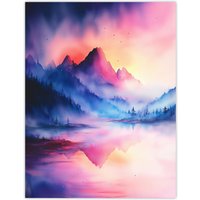 Artery8 Misty Mountain Forest Lake Sunset Sky Watercolour Wall Art Print in Pink | Size: W24" x H32"