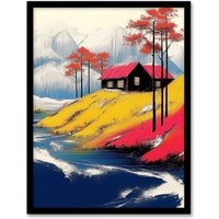 Artery8 Fjord House Rural Winter Landscape Painting Framed Art Print in Yellow | Size: A4