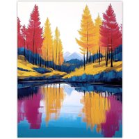 Artery8 Scottish Highlands Forest Lake Autumn Landscape Wall Art Print in Yellow | Size: W24" x H32"