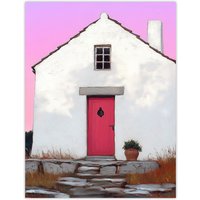 Artery8 Scottish White Bothy Cottage With Red Front Door Wall Art Print in Pink | Size: W12" x H16"