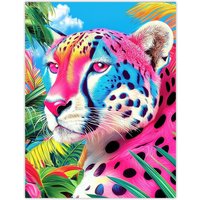 Artery8 Cheetah Jungle Plants Colourful Animal Portrait Wall Art Print in Pink | Size: W24" x H32"
