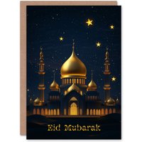 Artery8 Eid Mubarak Gold Mosque Under Night Sky Stars Eid al-Fitr Card in Blue