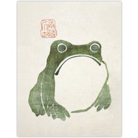 Artery8 Vintage Japanese Cute Grumpy Frog Matsumoto Hoji Wall Art Print in Green | Size: W18" x H24"