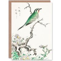 Artery8 Numata Kashu Art Card Ruby Throat Bird & Wild Camomile in Green