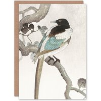 Artery8 Ohara Koson Art Card Magpie Bird On Tree Branch in Grey