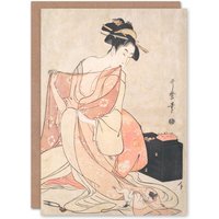 Artery8 Utamaro Kitagawa Art Card Woman & Cat Vintage Japanese in Pink