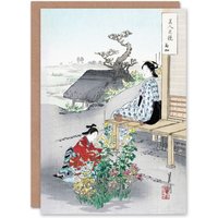 Artery8 Ogata Gekko Japanese Art Card Caring For The Chrysanthemums in Green