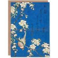 Artery8 Hokusai Japanese Art Card Bullfinch & Weeping Cherry Blossoms in Blue