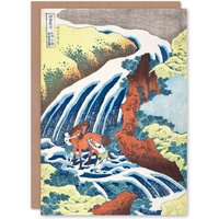 Artery8 Hokusai Japanese Art Card Waterfall Where Yoshitsune Washed His Horse in Blue