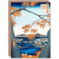 Artery8 Hiroshige Japanese Art Card Maple Trees Tekona Shrine Linked Bridge in Orange