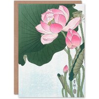 Artery8 Ohara Koson Japanese Art Card Blooming Lotus Flowers in Green