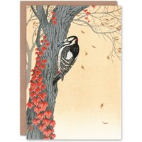 Artery8 Koson Japanese Art Card Great Spotted Woodpecker on Tree With Red Ivy in Orange