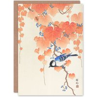 Artery8 Ohara Koson Japanese Art Card Great Tit On Paulownia Branch in Orange