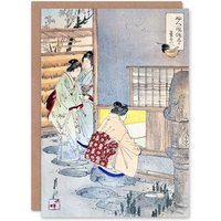 Artery8 Ogata Gekko Japanese Art Card Women Tea Gathering at Teahouse in Blue