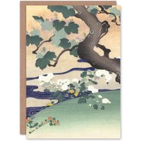 Artery8 Kogyo Tsukioka Japanese Art Card Tree & Chrysanthemums in Green