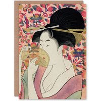 Artery8 Utamaro Kitagawa Japanese Art Card Woman With A Comb Portrait in Pink