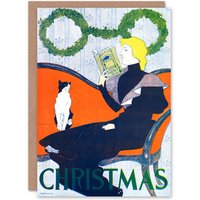 Artery8 Edward Penfield Art Card Vintage Christmas Woman With Cat in Red
