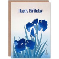 Artery8 Happy Birthday Ohara Koson Iris Flowers Vintage Birthday Card in Blue