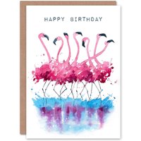 Artery8 Happy Birthday Dancing Flamingos Watercolor Birthday Card in White
