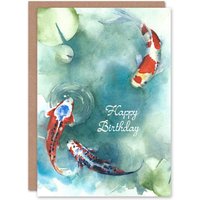 Artery8 Happy Birthday Japanese Koi Fish & Lily Pads Birthday Card in Blue