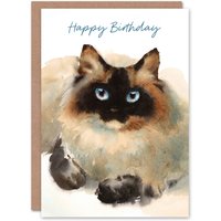 Artery8 Happy Birthday Cute Ragdoll Cat Watercolor Birthday Card in White