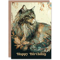 Artery8 Happy Birthday Maine Coon Cat with Leaf Pattern Birthday Card